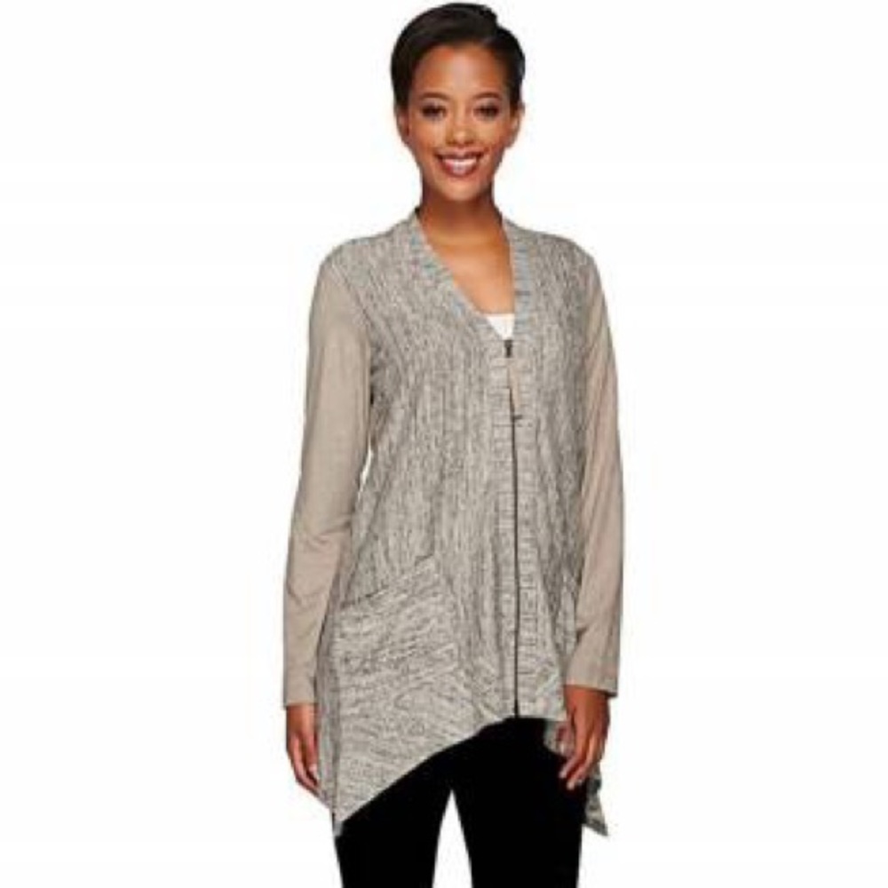 LOGO Lori Goldstein Faux Suede Sleeve Zip Cardigan